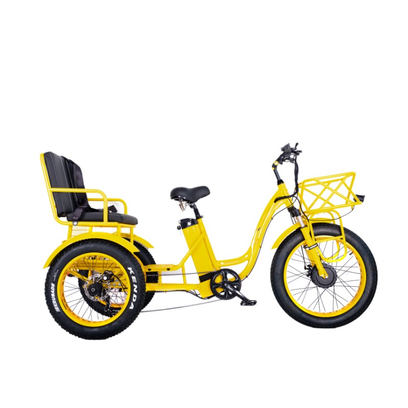 Yellow electric tricycle opposite